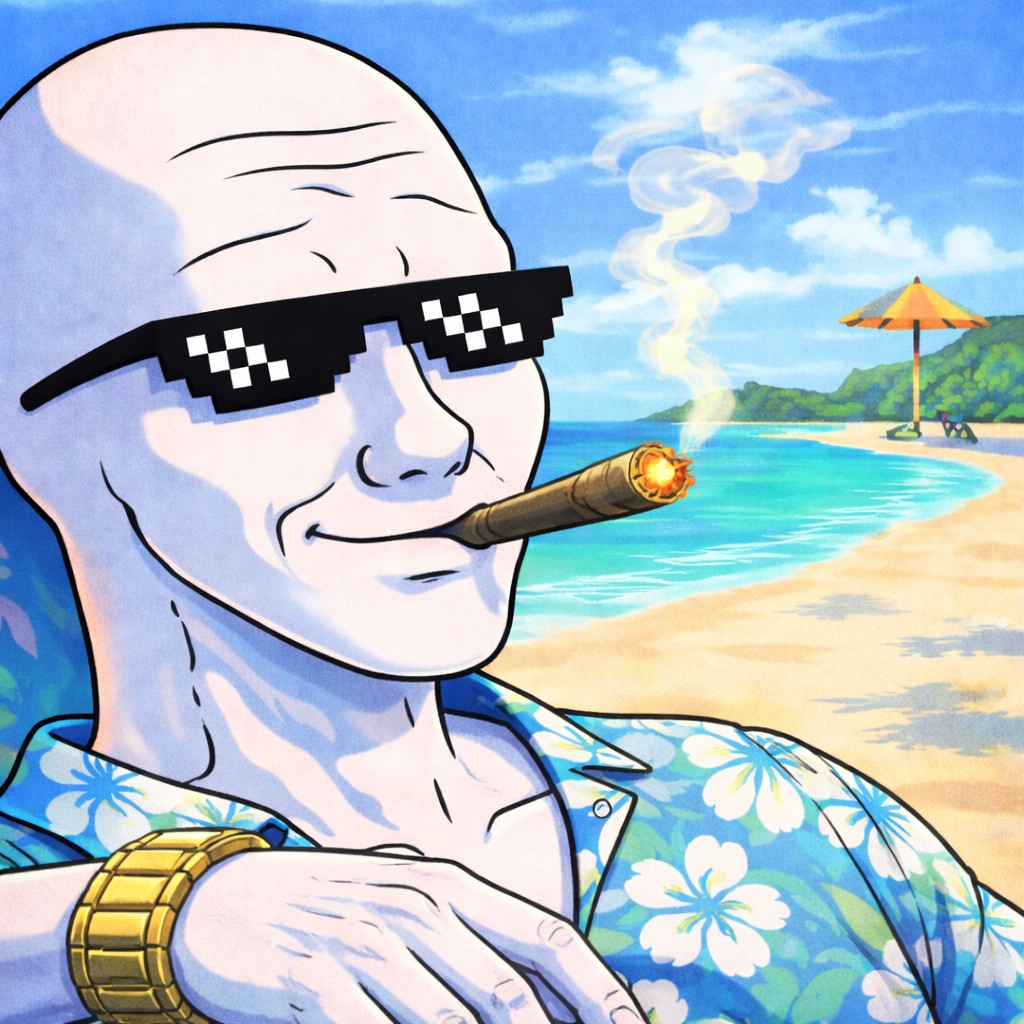 The Retired Stoner mascot relaxing on a tropical beach